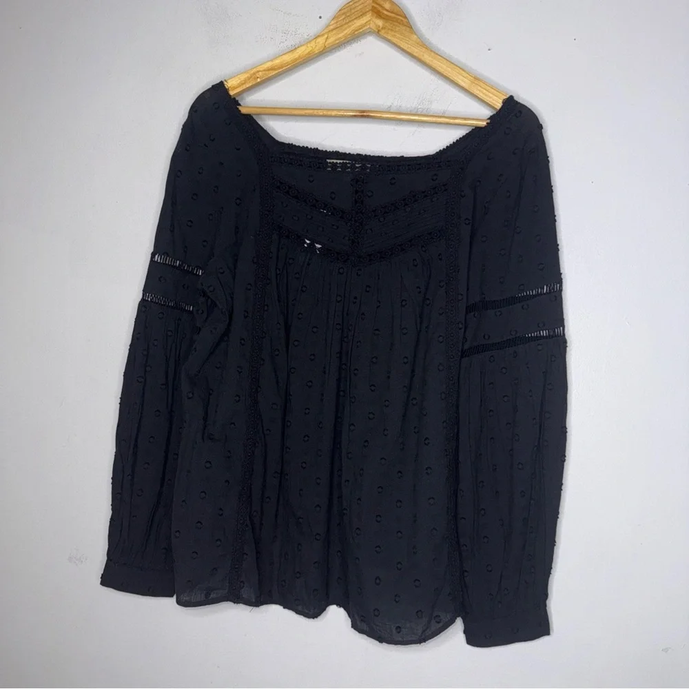 NWT Loft Black Boho Pheasant Cotton Top Black Medium‎